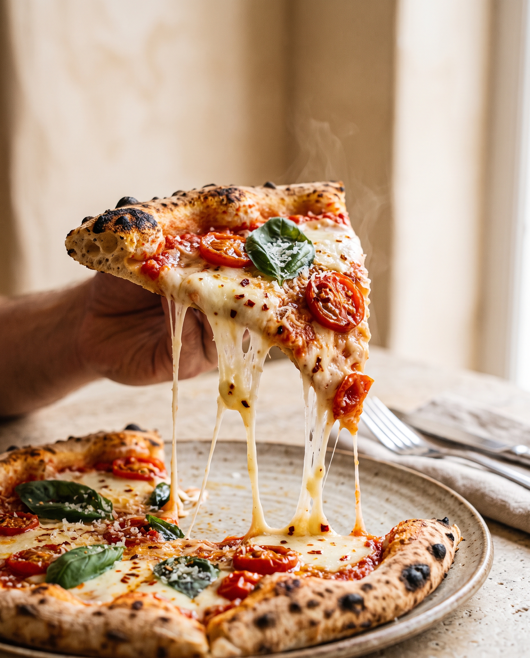 Frissen sült, vékony tésztás Pinocchio pizza, nyúlós mozzarellával és bazsalikommal